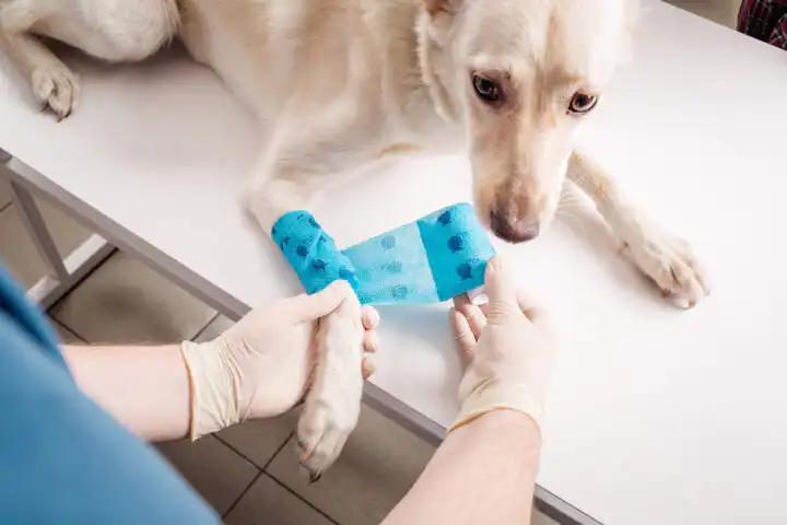vet bandaging paw of a dog